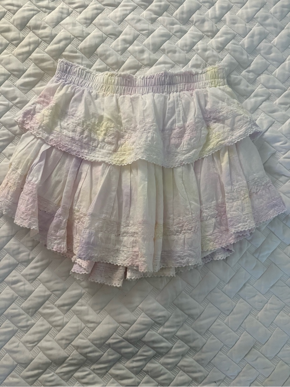 LoveShackFancy White and Pastel Tiered Ruffle Mini Skirt